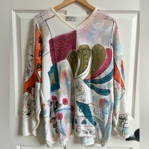 KOLORWAY USA Vtg Wearable Artwork Hand Painted Sweater Abstract Size 2 (XXL)